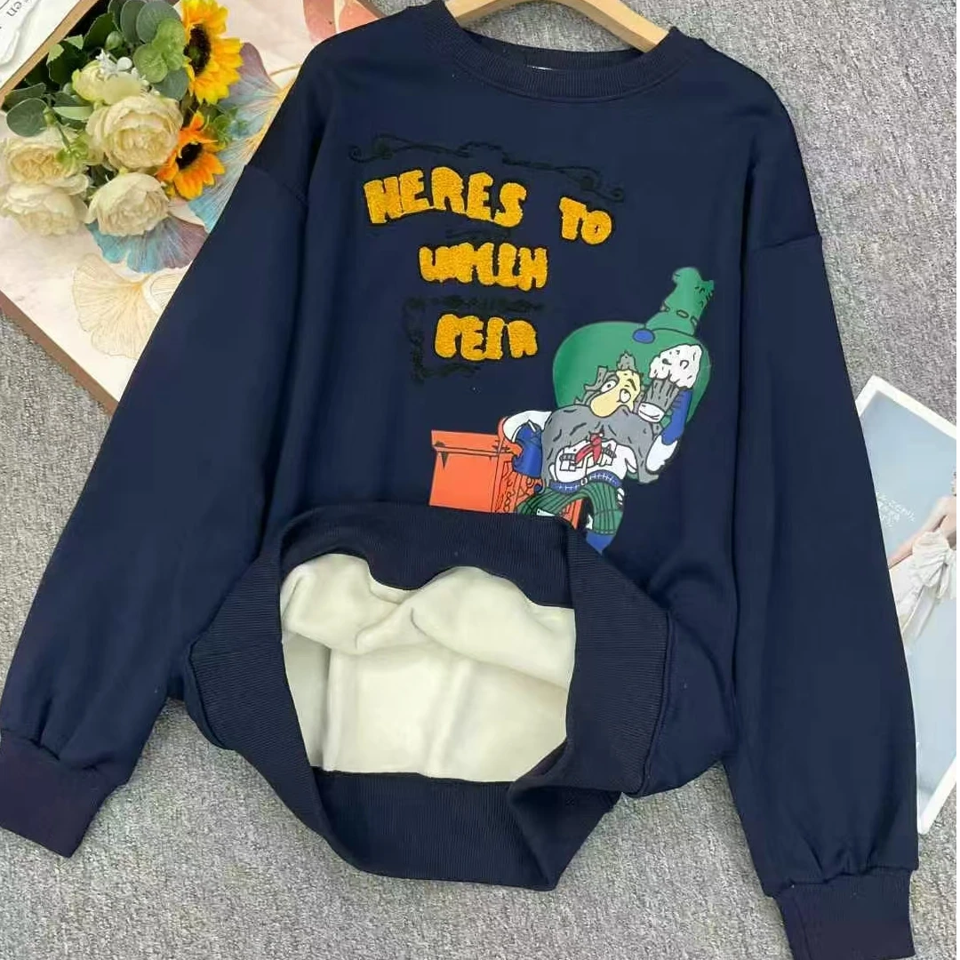 美式宽松秋冬新款潮牌慵懒风加绒加厚純棉圆领卫衣百搭冬季韩版