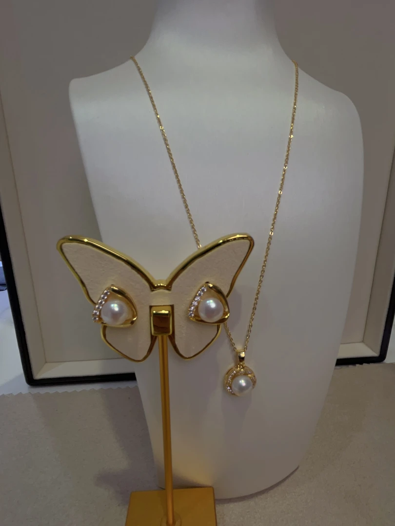 天然真珍珠高贵气质优雅珍珠耳饰+吊坠套装百搭香风金色双11活动