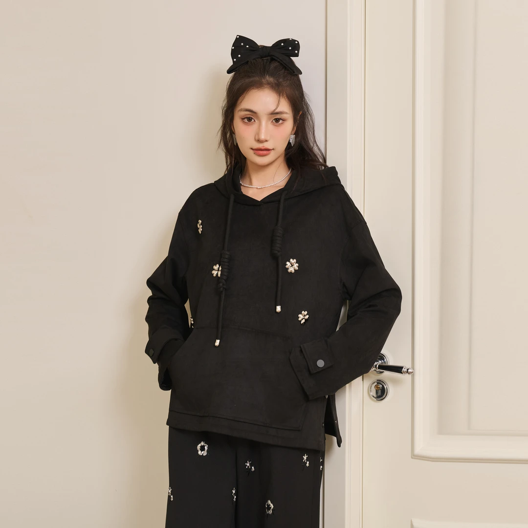 Three Quarters黑色时尚休闲运动秋冬百搭宽松连帽卫衣韩版外套