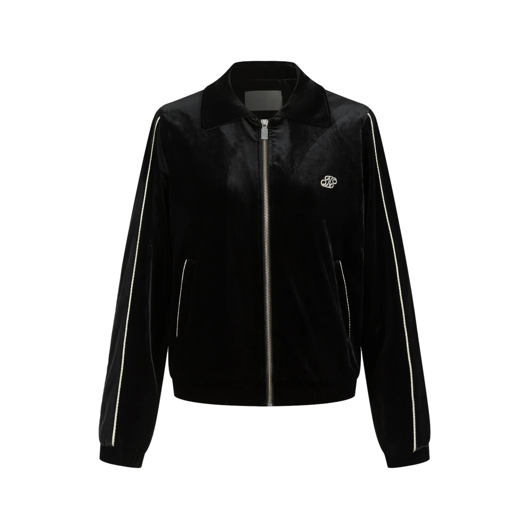 Three Quarters 黑色logo时尚烫钻上衣银闪夹条丝绒休闲外套女