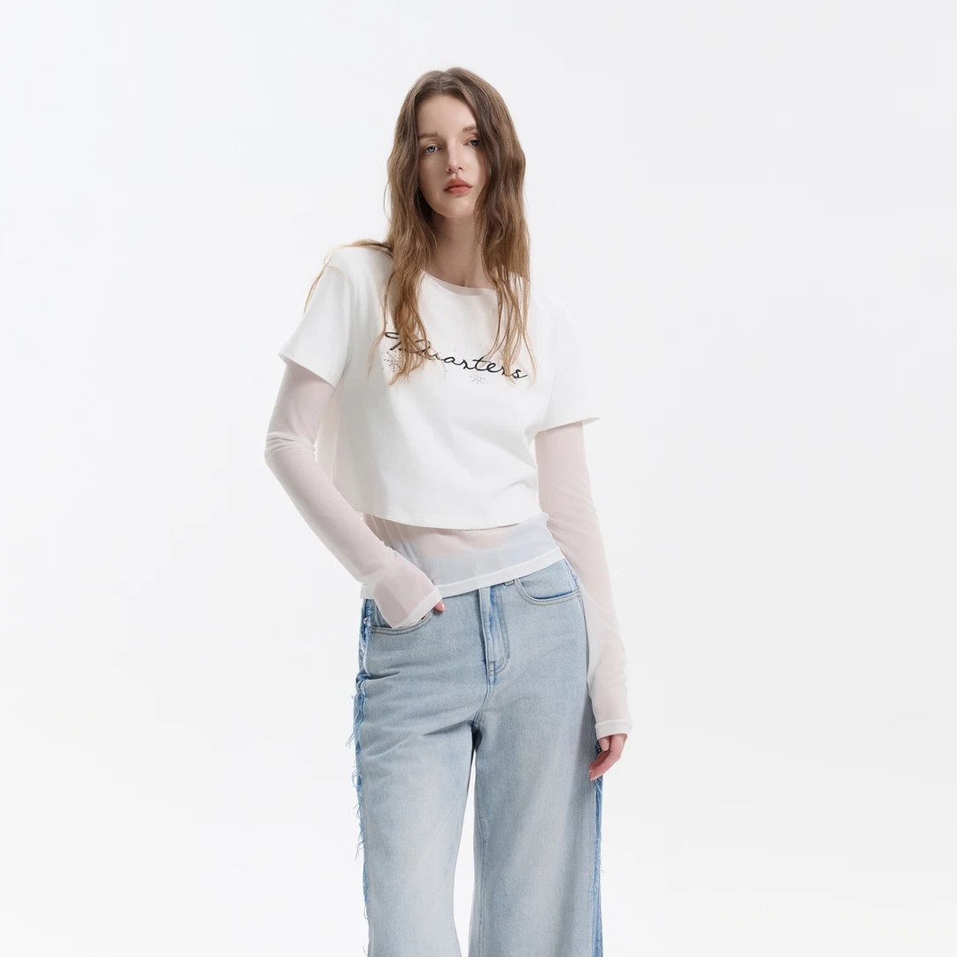 Three Quarterslogo绣花烫钻两件套T恤