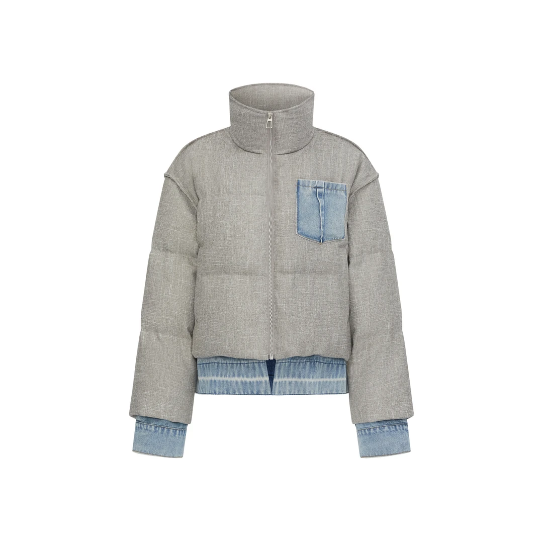 【品牌专属】ThreeQuarters时尚百搭拼牛仔面包90白鸭绒羽绒服8022