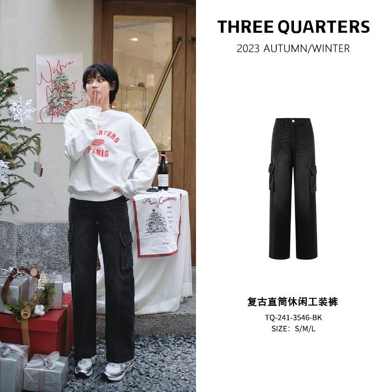 【品牌专属】Three Quarters 复古直筒休闲宽松显瘦工装裤春秋3546