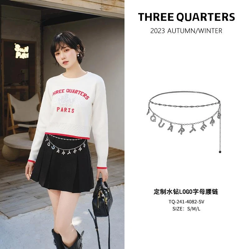 百搭Three Quarters 定制水钻logo字母腰链时尚休闲
