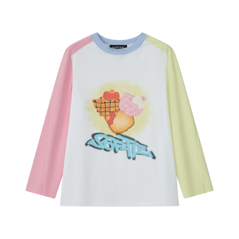 Sofitte华夫饼涂鸦印花撞色圆领T恤