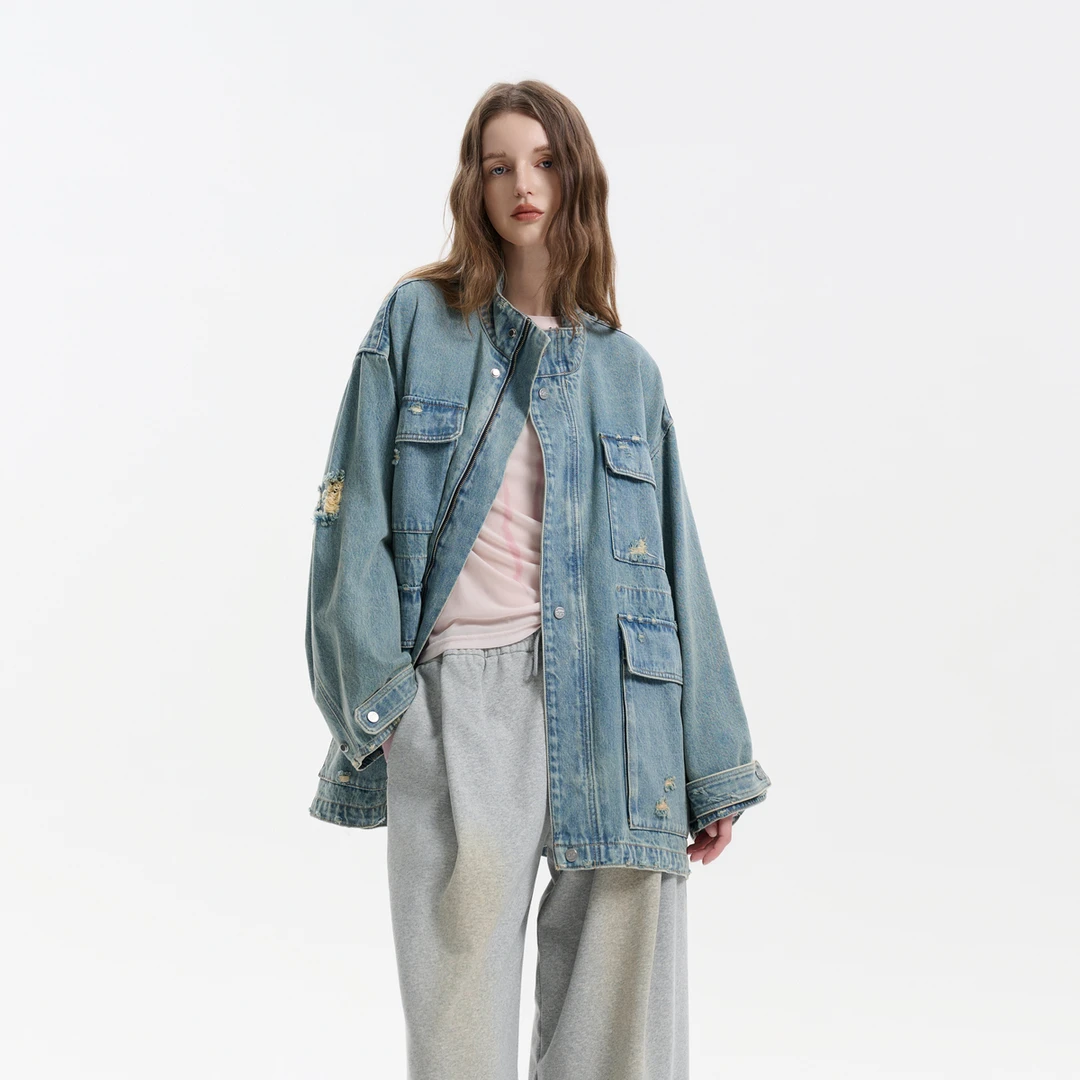 Three Quarters蓝色工装口袋宽松牛仔外套