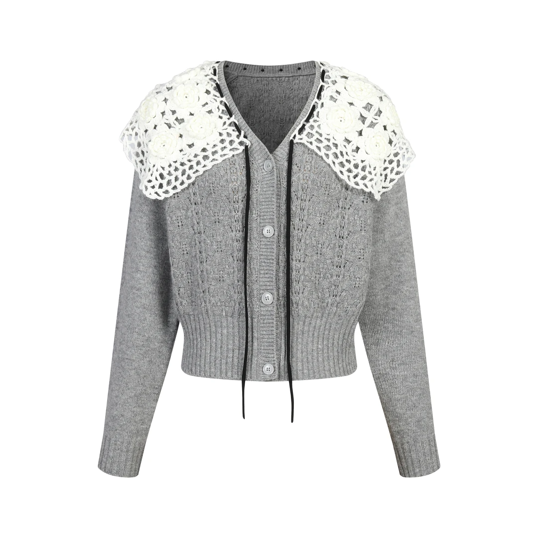 【品牌专属】Three Quarters钩花大翻领镂空开衫气质轻奢时尚2030