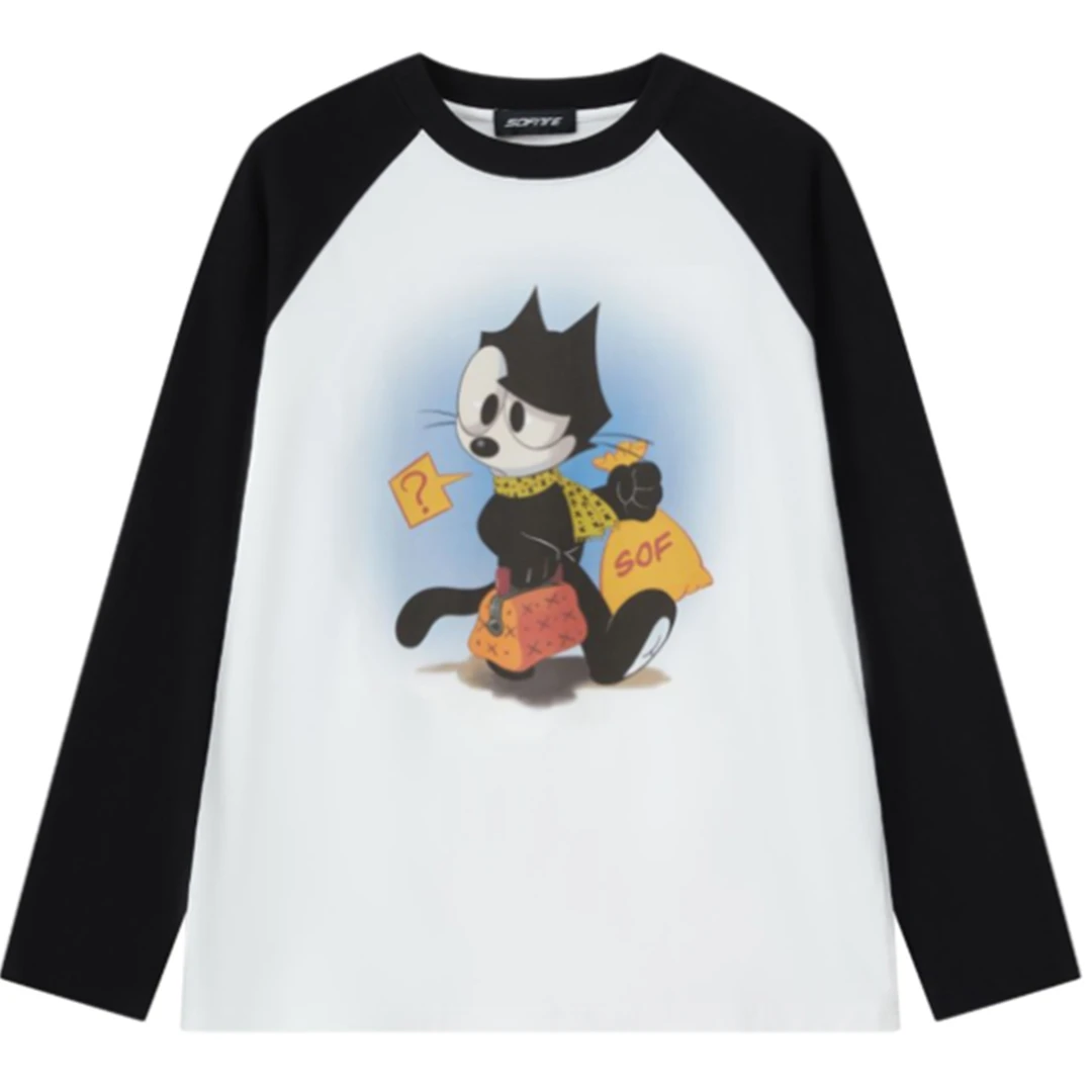 【品牌专属】Sofitte黑色插肩袖菲力猫趣味印花T恤2003