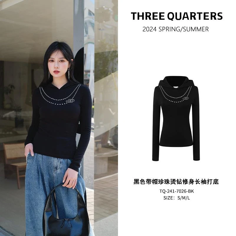 【品牌专属】Three Quarters 带帽珍珠烫钻秋冬修身显瘦长袖7026