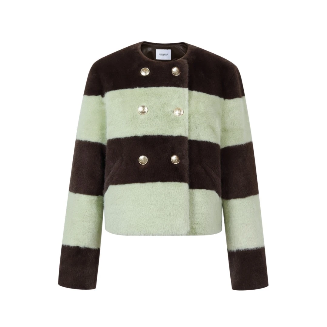 Three Quarters条纹拼接皮 草外套