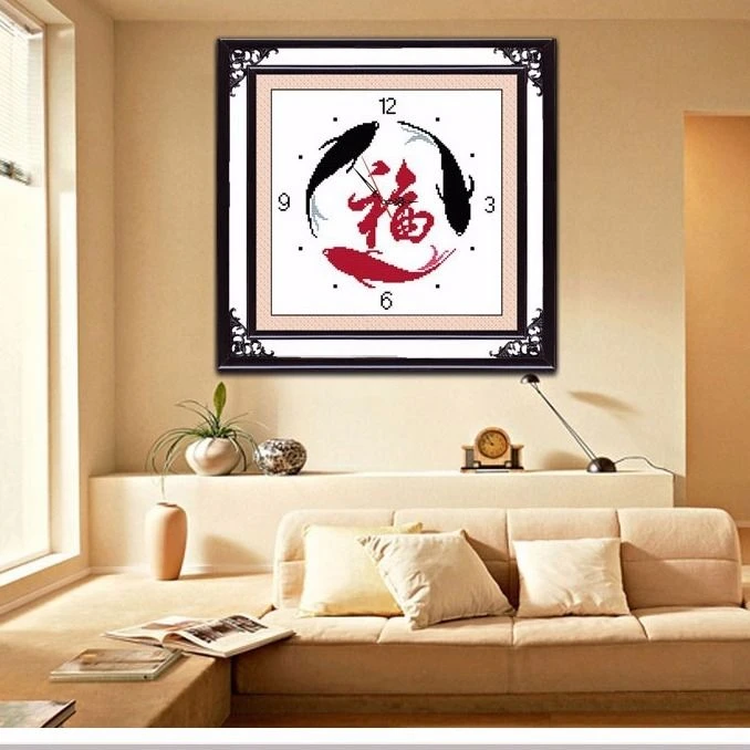 十字绣带时间绣的钟表线绣新款客厅挂钟创意针绣全绣闹钟时钟餐厅