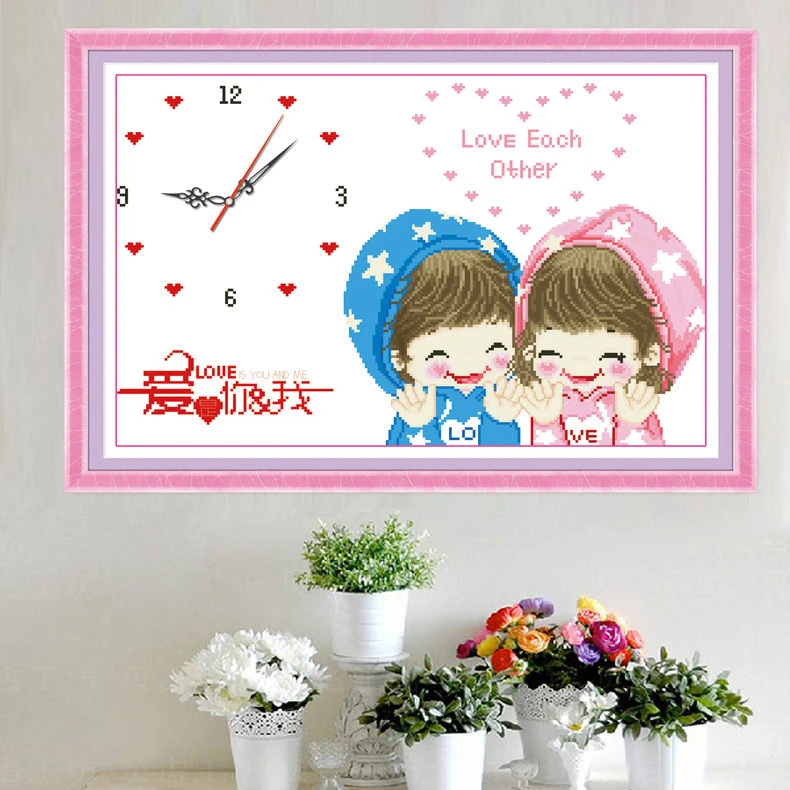 印花全绣十字绣批发表钟挂钟卧室客厅刺绣简单可爱新款夜光钟表