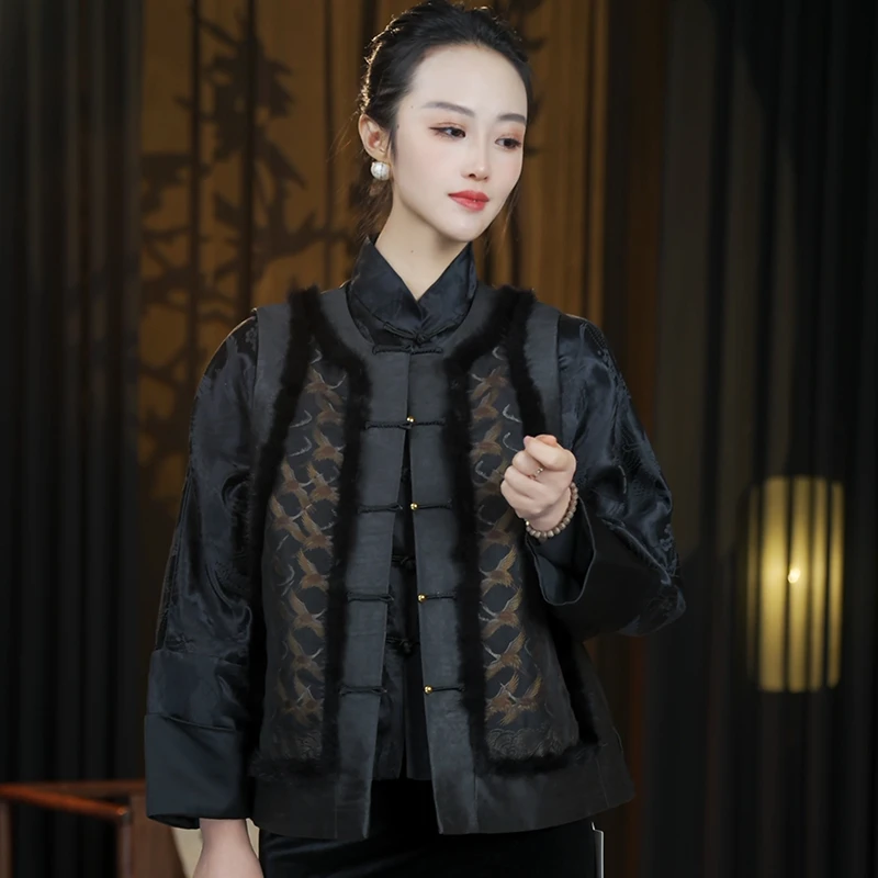 【Q8187】重磅桑蚕丝水貂毛加厚秋冬中式复古宽松百搭保暖女士外套
