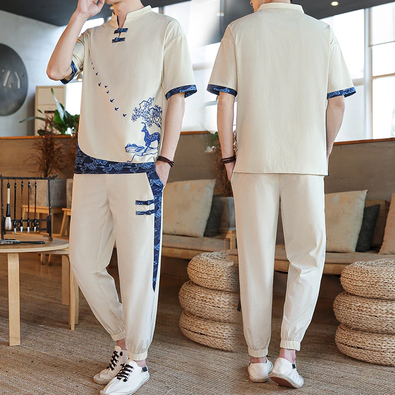 夏季男士新国风刺绣套装潮流轻奢整套新中式高级感薄款民族风复古