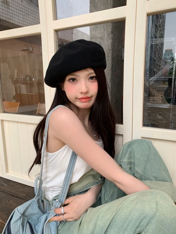 黑色薄款贝雷帽日系复古透气舒适帽子针织衣柜夏天必不可少的一款