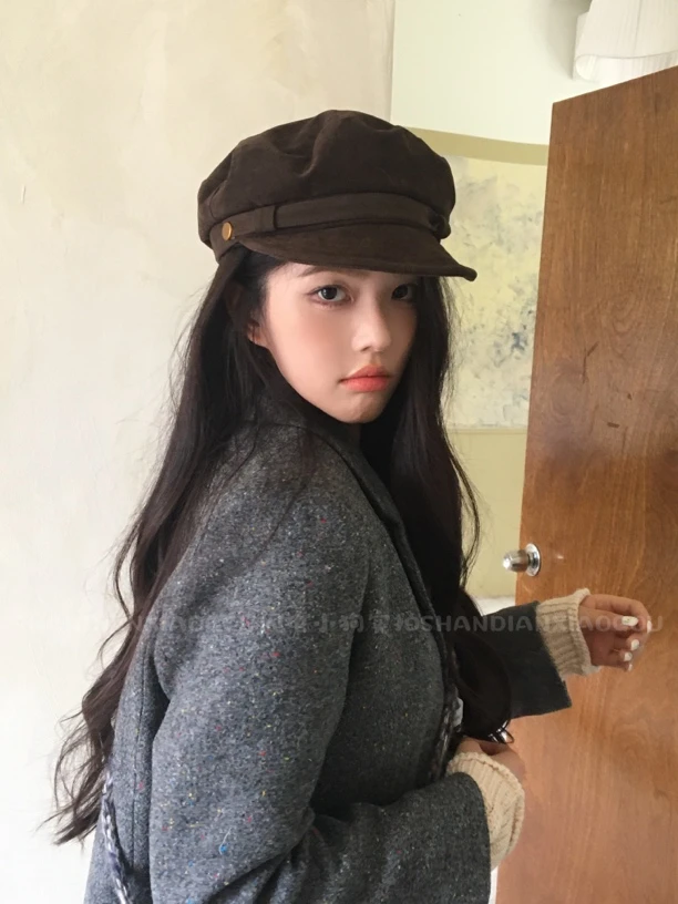 高品质韩版博主穿搭款翻毛皮前进帽休闲百搭平顶画家贝雷帽八角帽