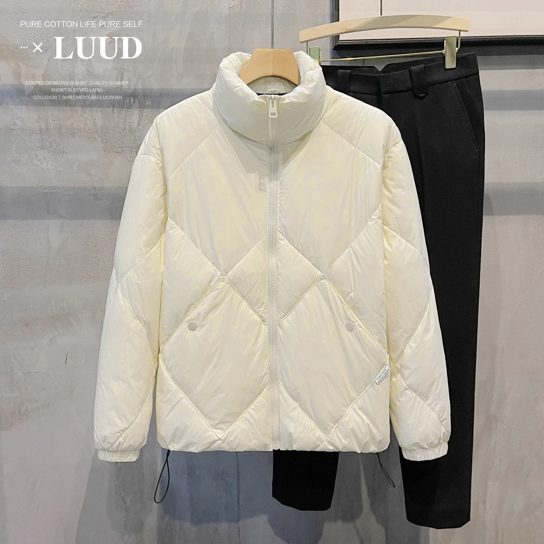 菱形格立领冬季羽绒服防风保暖时尚潮流上衣纯色休闲大口袋外套男