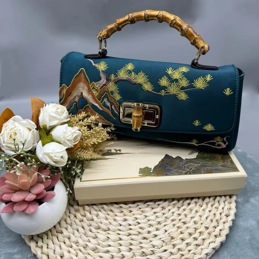 新中式国风竹节手提包刺绣包中年婆婆大气实用手工包包女款单肩