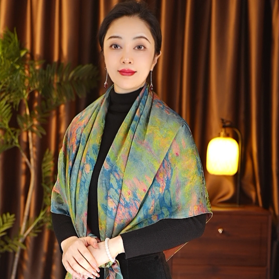 【莫奈油画】140湖丝老料大方巾围巾女士丝巾百搭双面戴