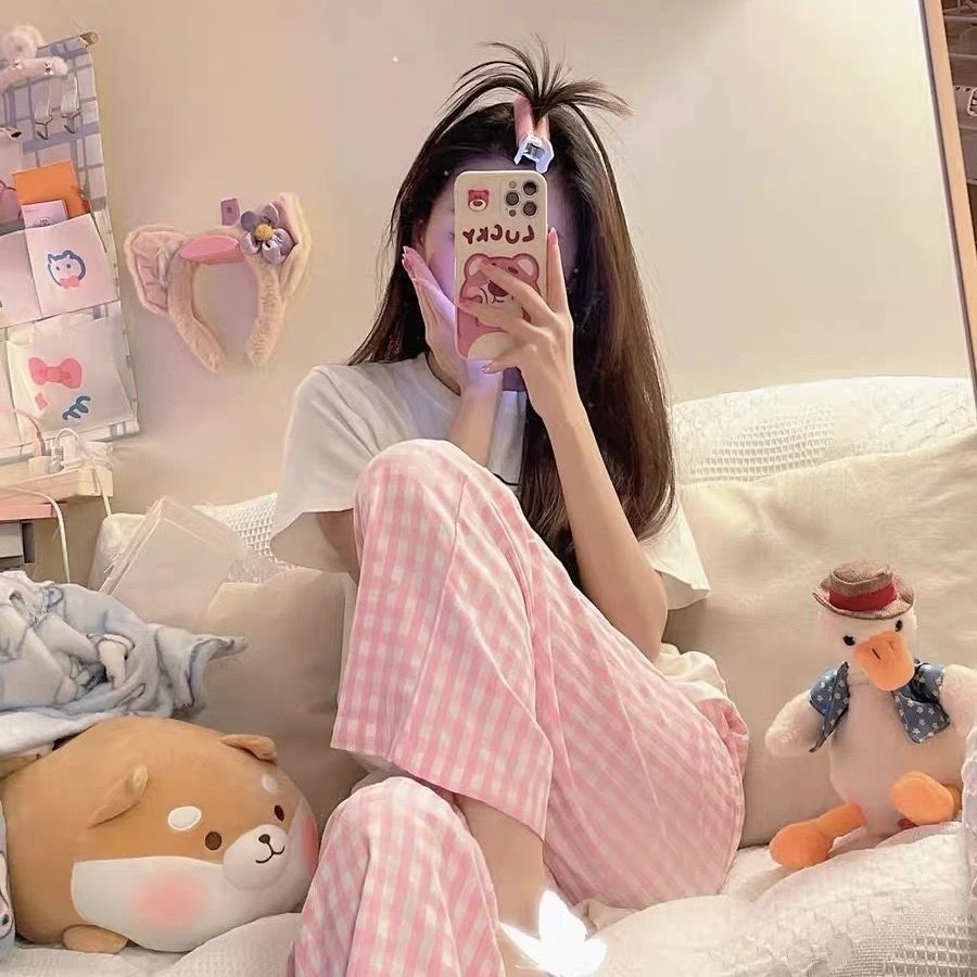 春秋夏季薄款宽松长裤学生格子甜美大码休闲少女外穿春夏睡裤ins