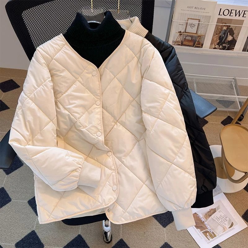 2023早春新款菱格ins无领小香风轻薄短款棉服女装冬季棉衣外套