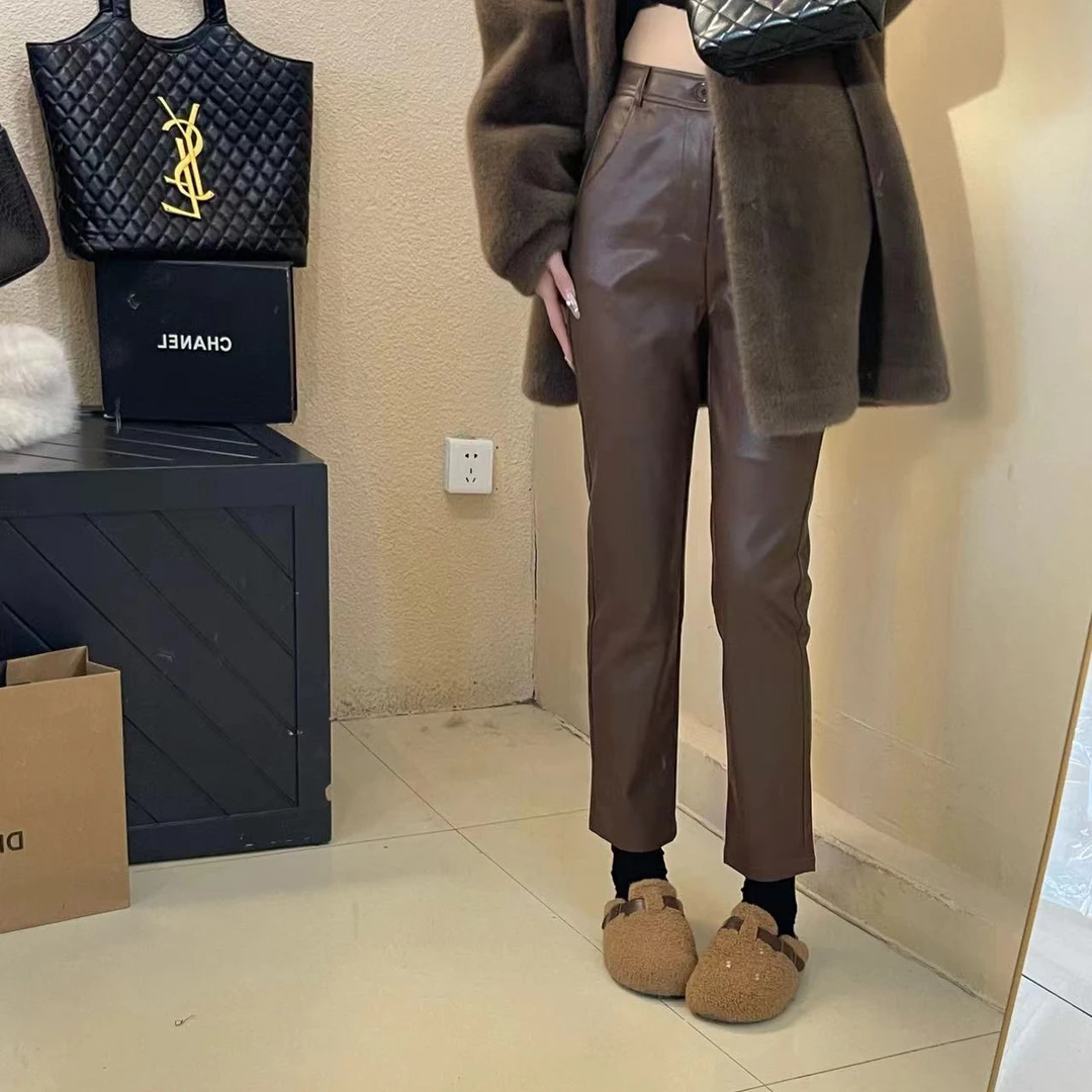 秋季新款设计感小众复古皮休闲裤直筒高腰显瘦百搭九分洋气