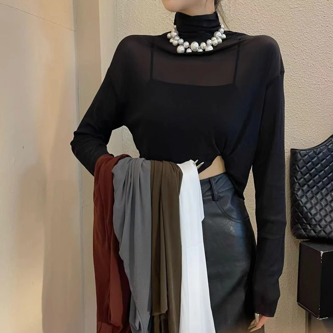 韩国东大门秋季新款网纱T恤打底气质长袖网红时尚百搭ins高级感