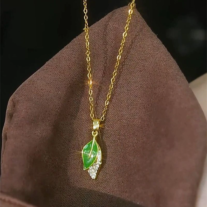 合金项链 绿色双层叶子金枝玉叶锁骨链项链女设计感个性配饰 饰品
