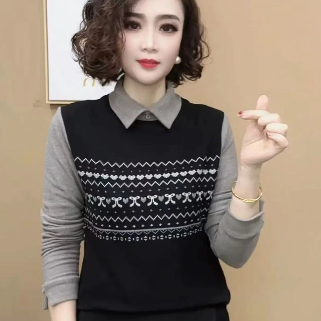 冬季新款翻领设计感时尚百搭长袖显瘦假两件女士上衣#11520