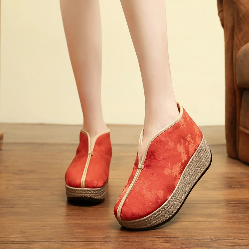 四代鞋底 【汉诺依】1618-272春秋宋锦面料纯色提花女鞋厚底棉鞋