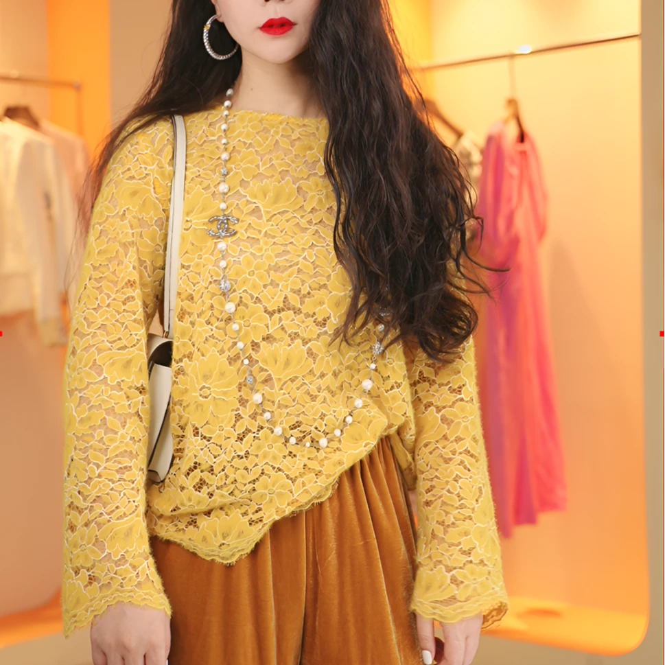 磨毛蕾丝上衣长袖网红洋气时尚百搭春季镂空宽松春秋气质秋季