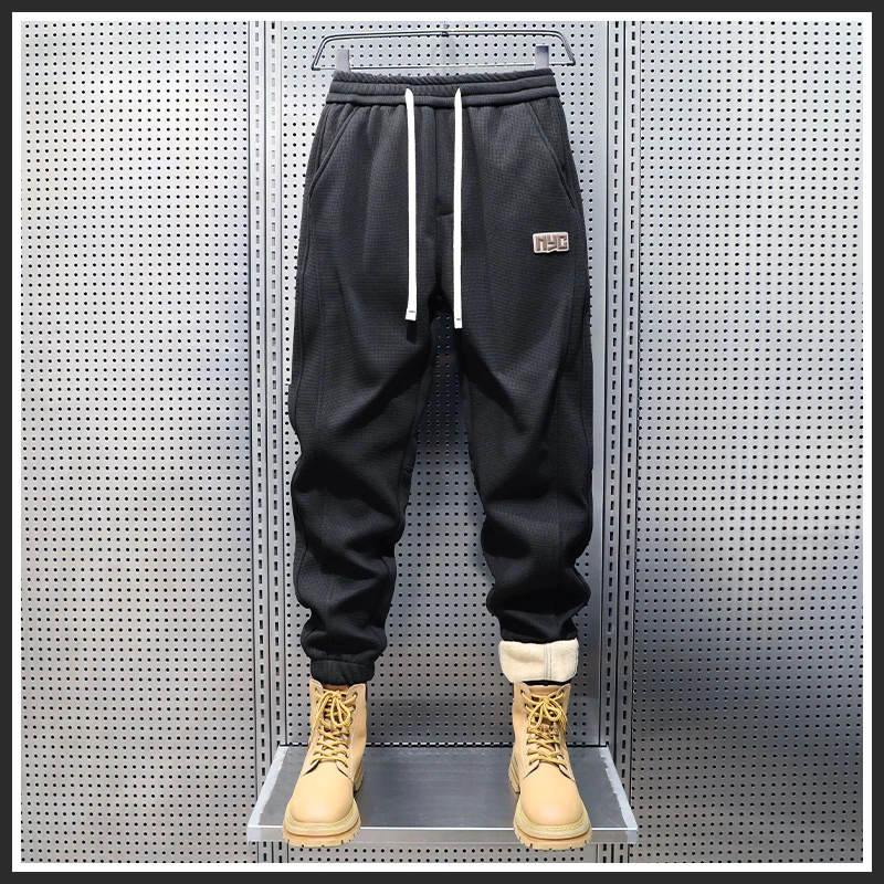 AOPAISHARK/奥派鲨加绒加厚华夫格休闲裤秋冬带绒御寒保暖束脚裤