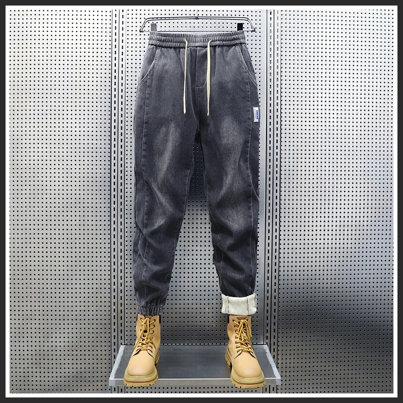 AOPAISHARK/奥派鲨秋冬季男士束脚牛仔裤加绒加厚御寒保暖哈伦裤