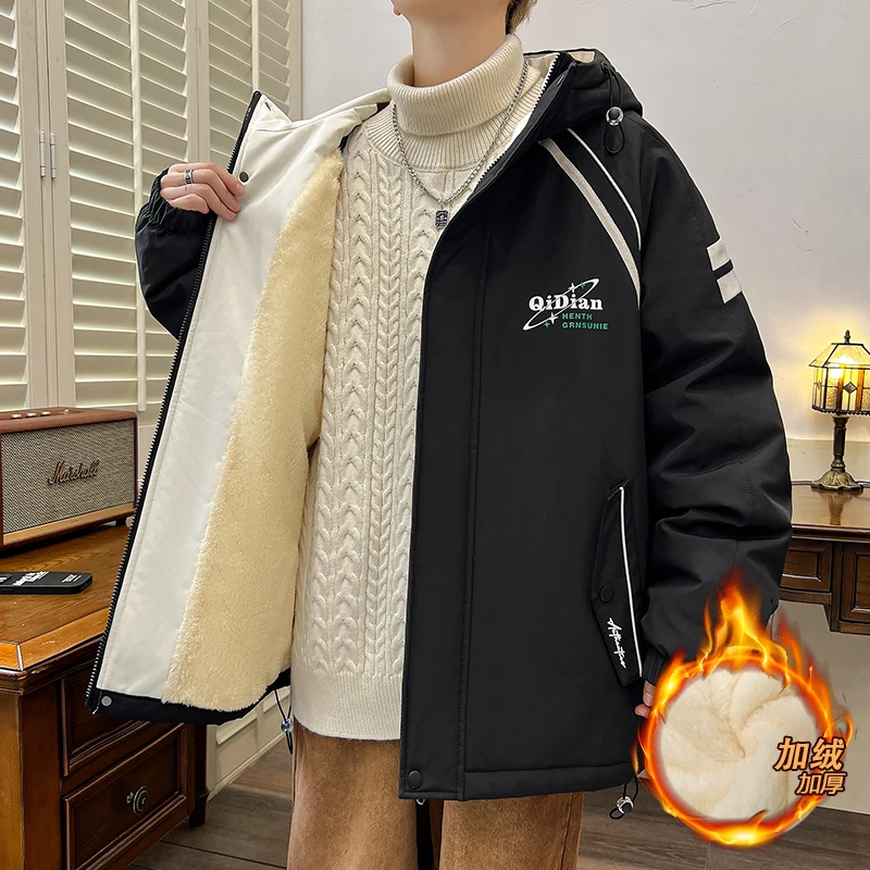 青少年加绒加厚夹克外套男秋冬款潮牌连帽休闲宽松棉衣服痞帅外衣