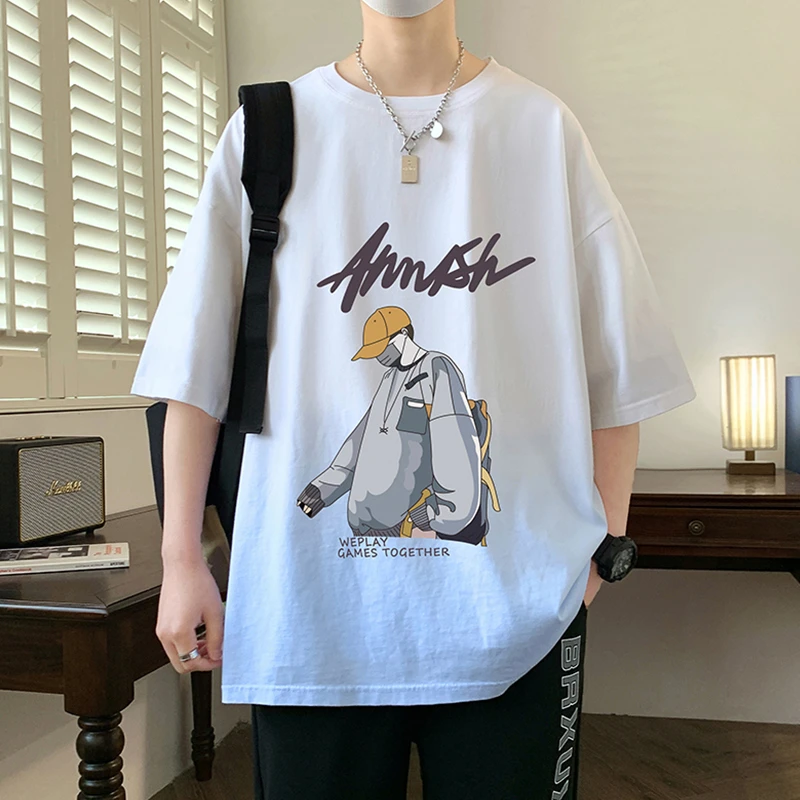 渐变色短袖男夏季宽松卡通印花纯棉上衣服青少年休闲半袖男士T恤