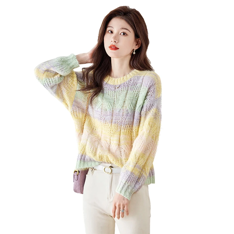 2024秋装新款女时尚圆领套头撞色渐变长袖针织衫S33F0022Z
