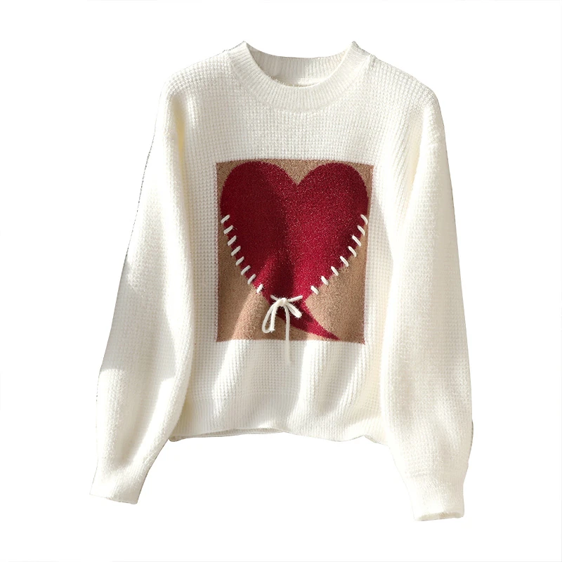2024冬装新款女装长袖套头撞色圆领爱心图案毛衣S34F0042M