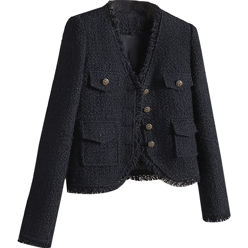 丝柏舍2024冬装新款女装时尚毛边气质显瘦短V领长袖外套S33R3400A