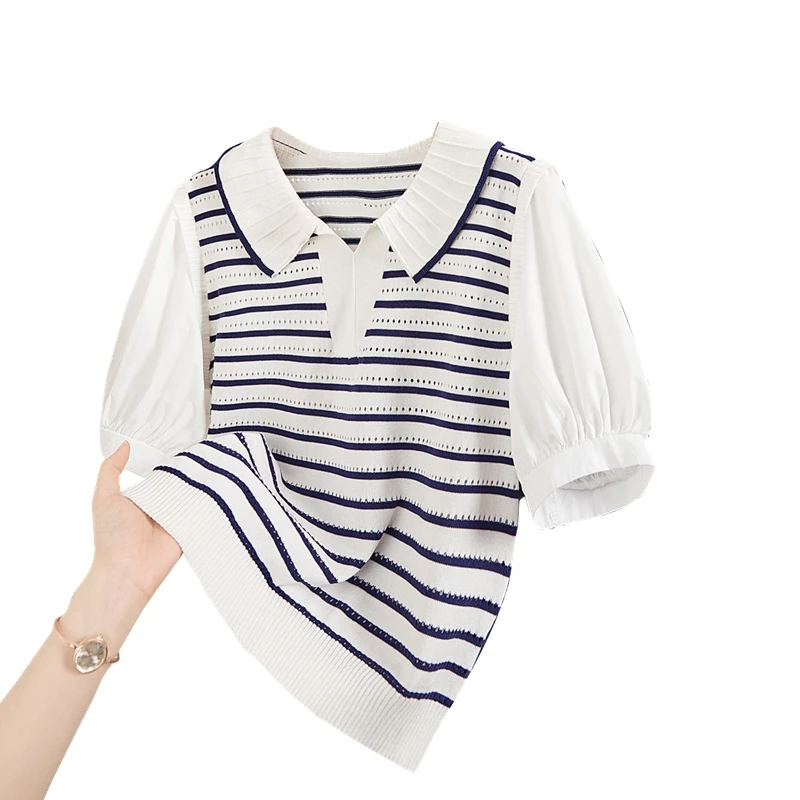 她池条纹衬衫2025夏新款女娃娃领拼接泡泡袖减龄上衣T32H1996C