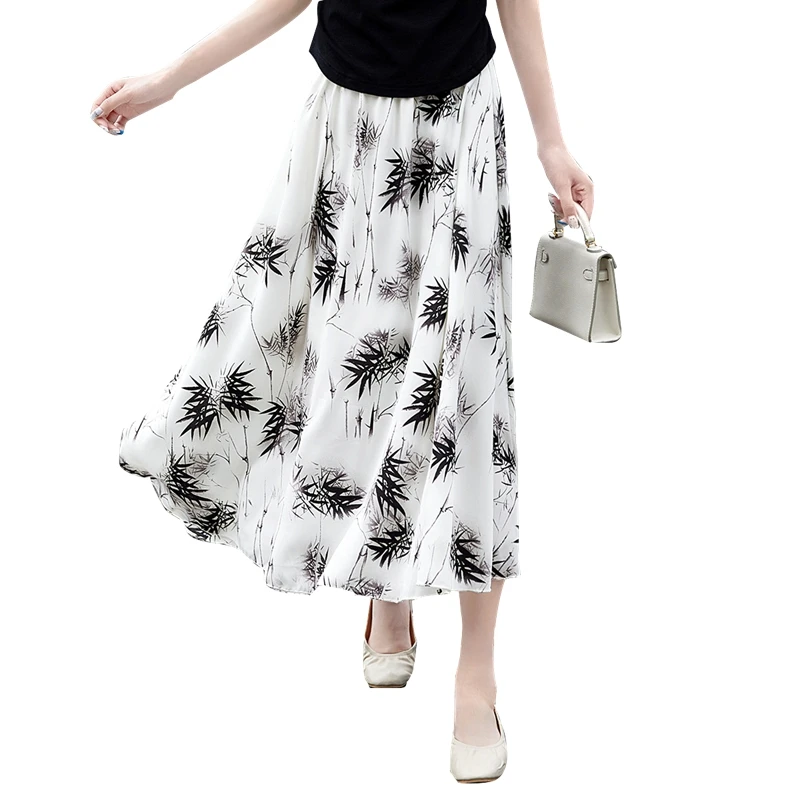 她池2025夏装新款女装墨竹印花松紧a字裙新中式半身裙T42X2306B