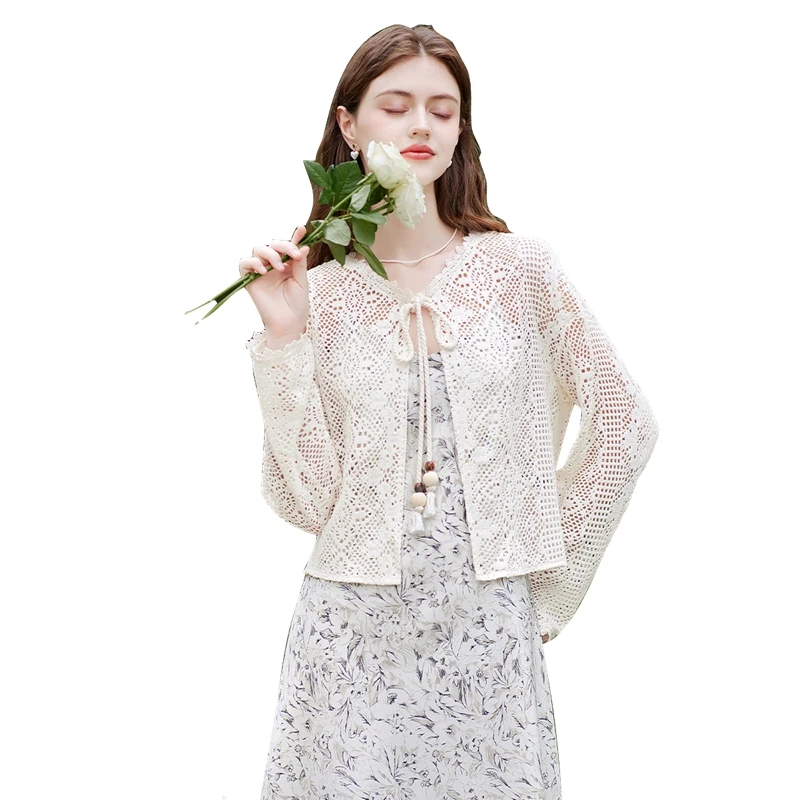 她池2024秋装新款女时尚淑女勾花镂空短款甜美薄款外套T41B0096A