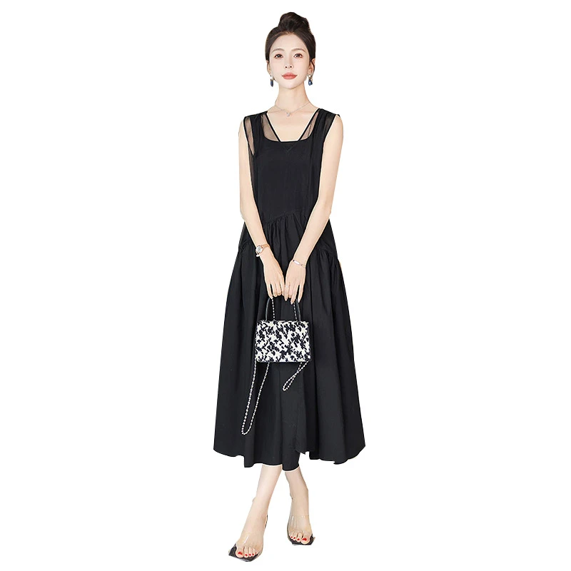 丝柏舍2024夏装新款女装简约无袖拼接中长捏褶连衣裙S42R1417L