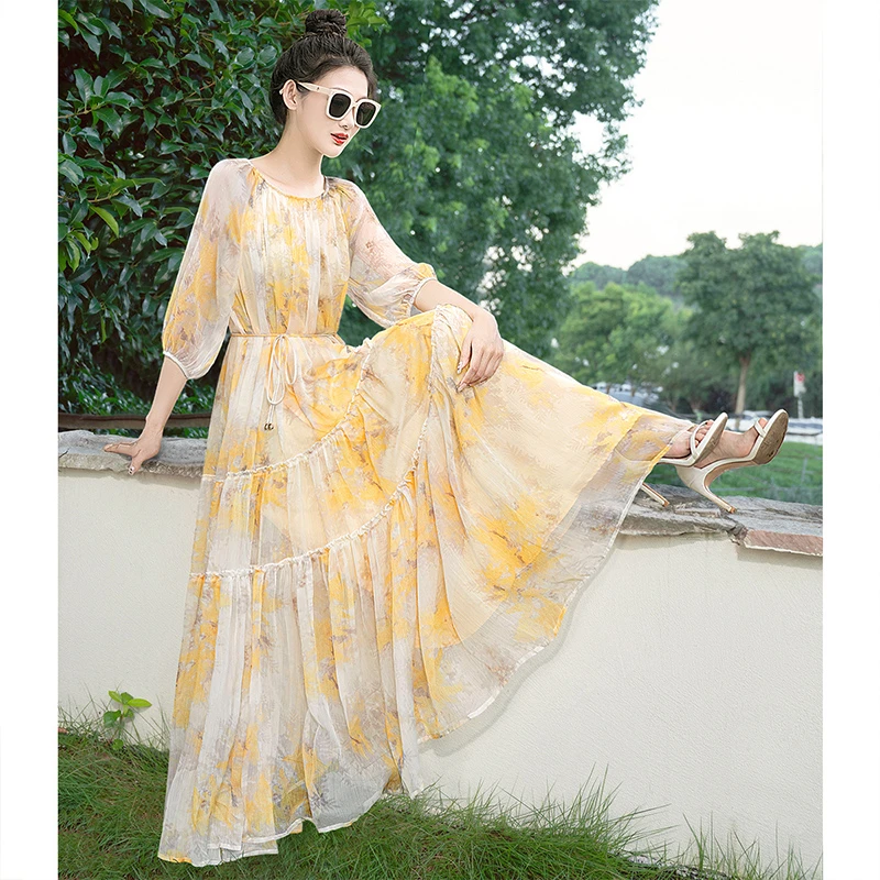 【高能感】丝柏舍2024春装新款女装度假长袖碎花连衣裙S41B0697LS