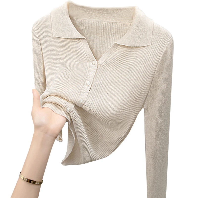 丝柏舍2024冬装新款时尚气质显瘦V领纯色翻领针织衫S23X7904Z