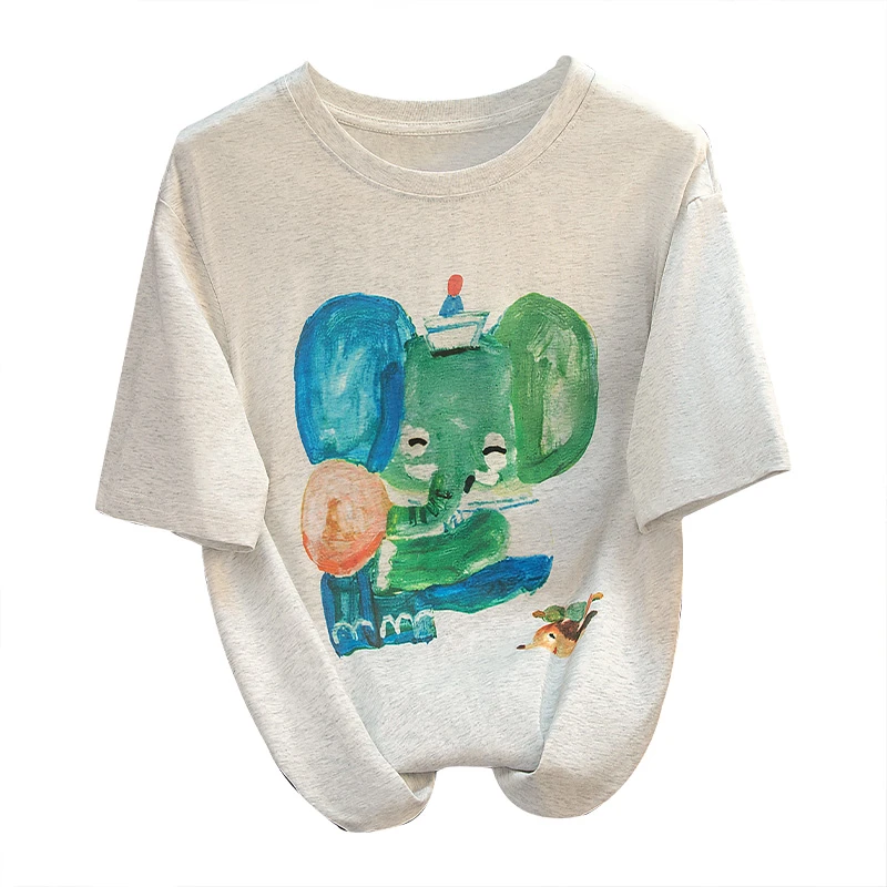 丝柏舍2024夏装新款女宽松休闲简约圆领短袖撞色印花T恤S42X5039T