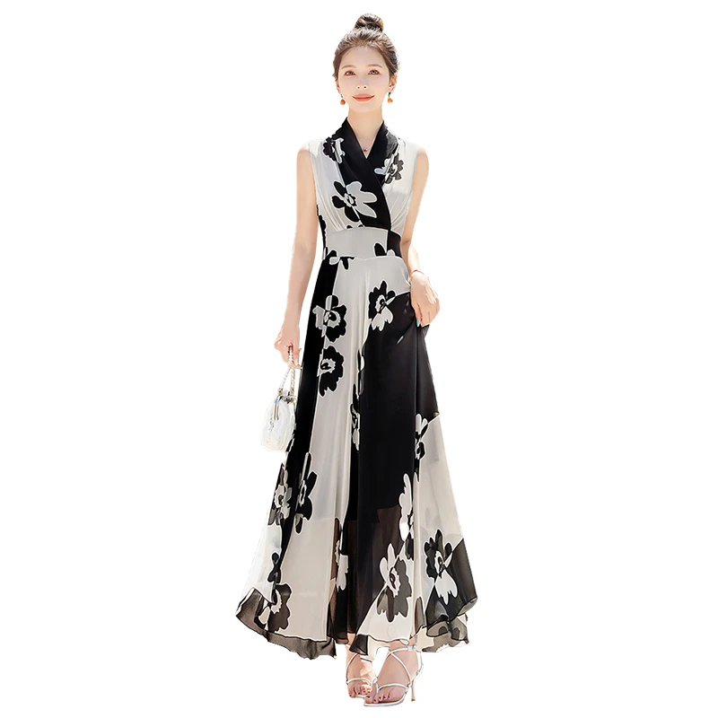 丝柏舍2024夏装新款女撞色收腰大摆长款无袖印花连衣裙S42B1581L