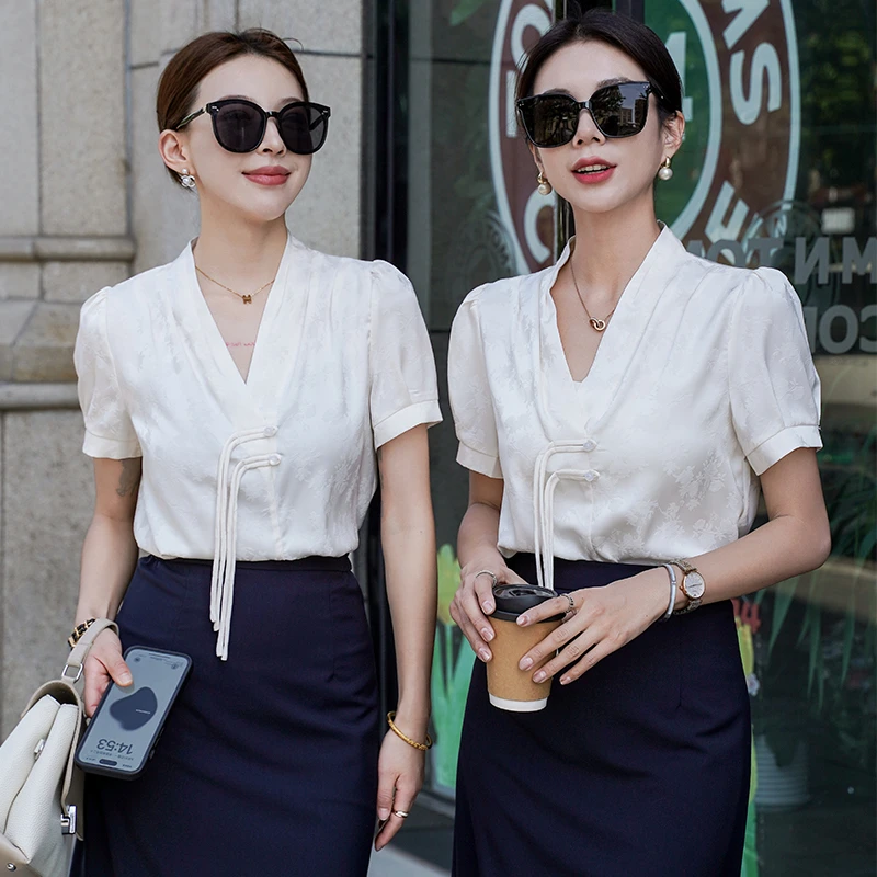 衬衫女职业气质中式国风轻奢高级感衬衣茶楼茶艺师养生馆工作服夏