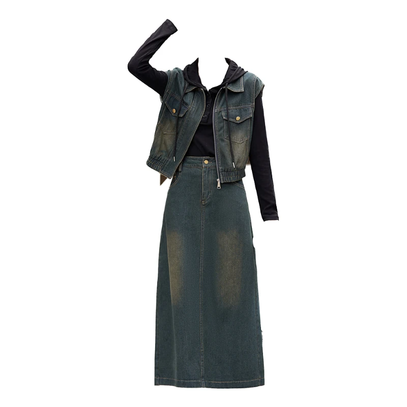 显瘦气质三件套牛仔马甲裙子打底衫减龄休闲洋气时尚拼接百搭套装