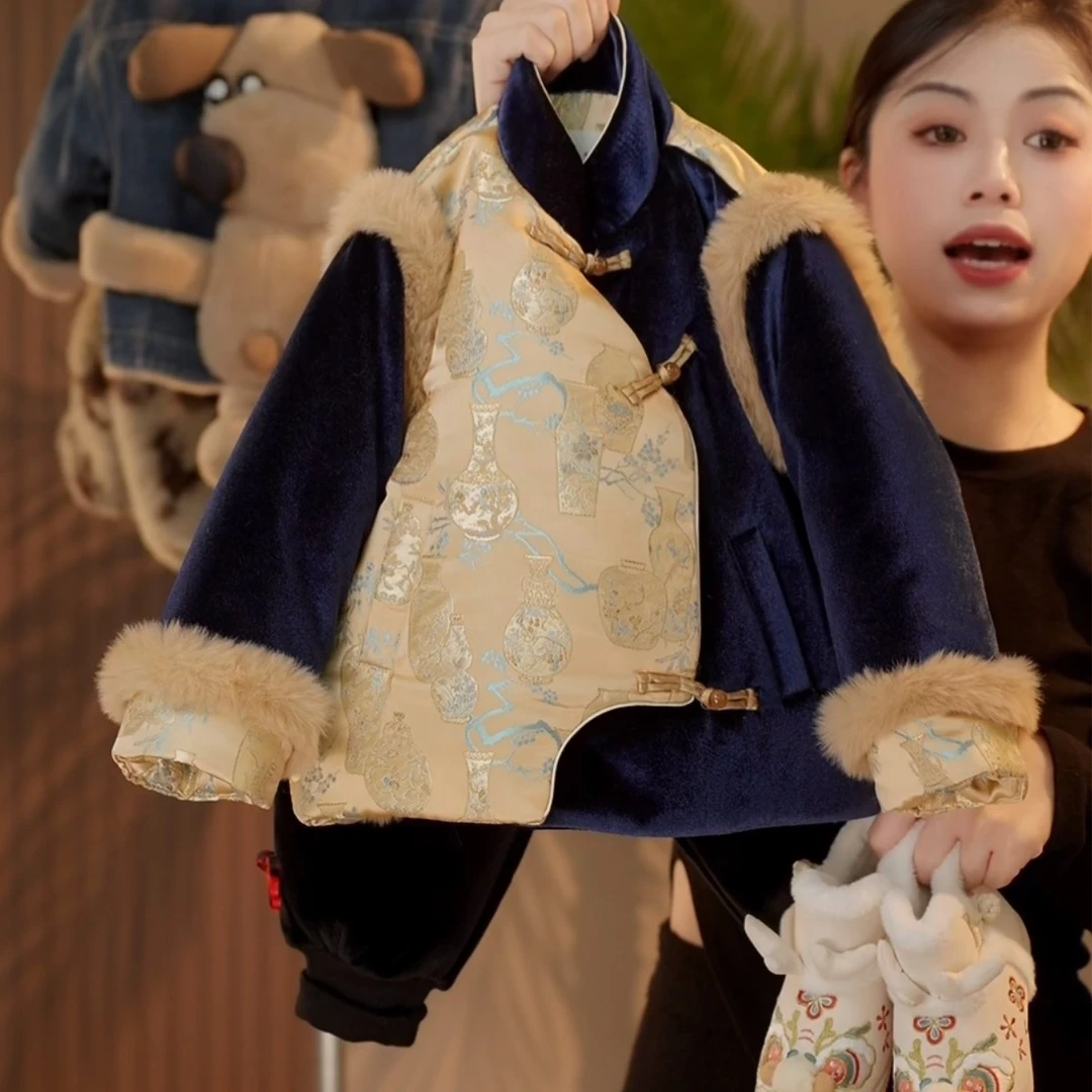 【除夕夜】设计师版新年唐装藏金色外套宝宝绒裤子男女童年服套装