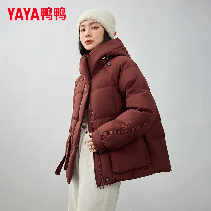 YAYA/鸭鸭女中长款撞色刺绣时尚休闲连帽宽松YE4B600765H